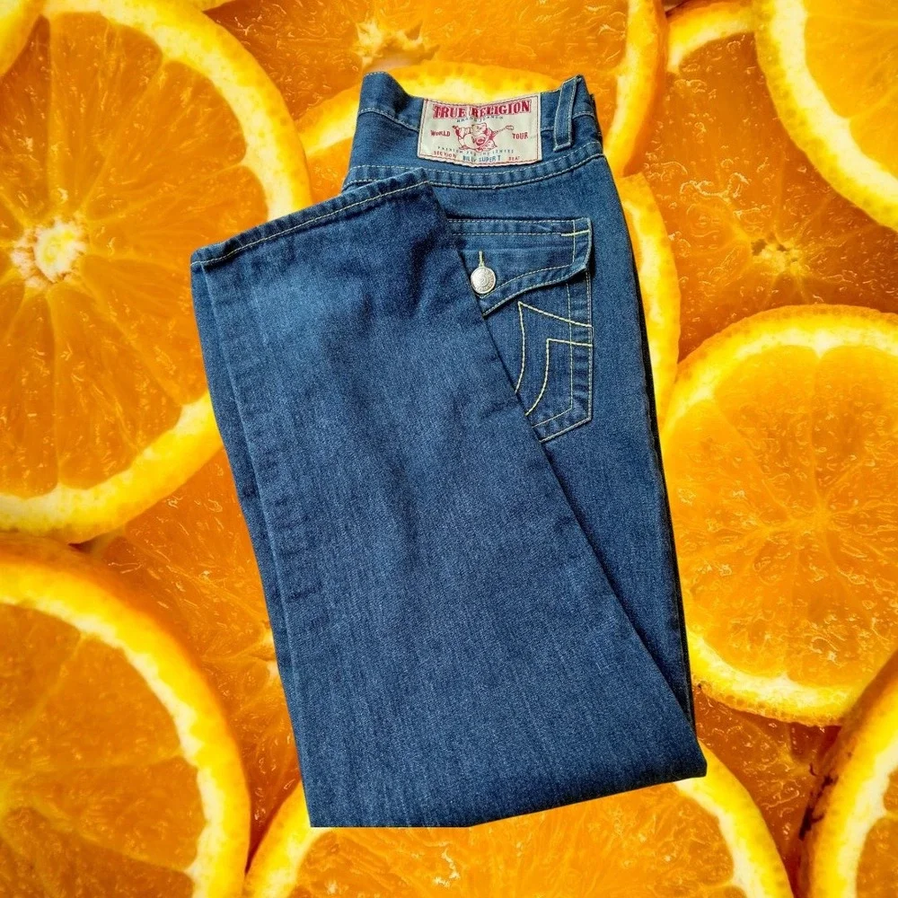 True Religion Billy Super T Mens Straight Leg Jeans Blue Yellow Stitch USA 36